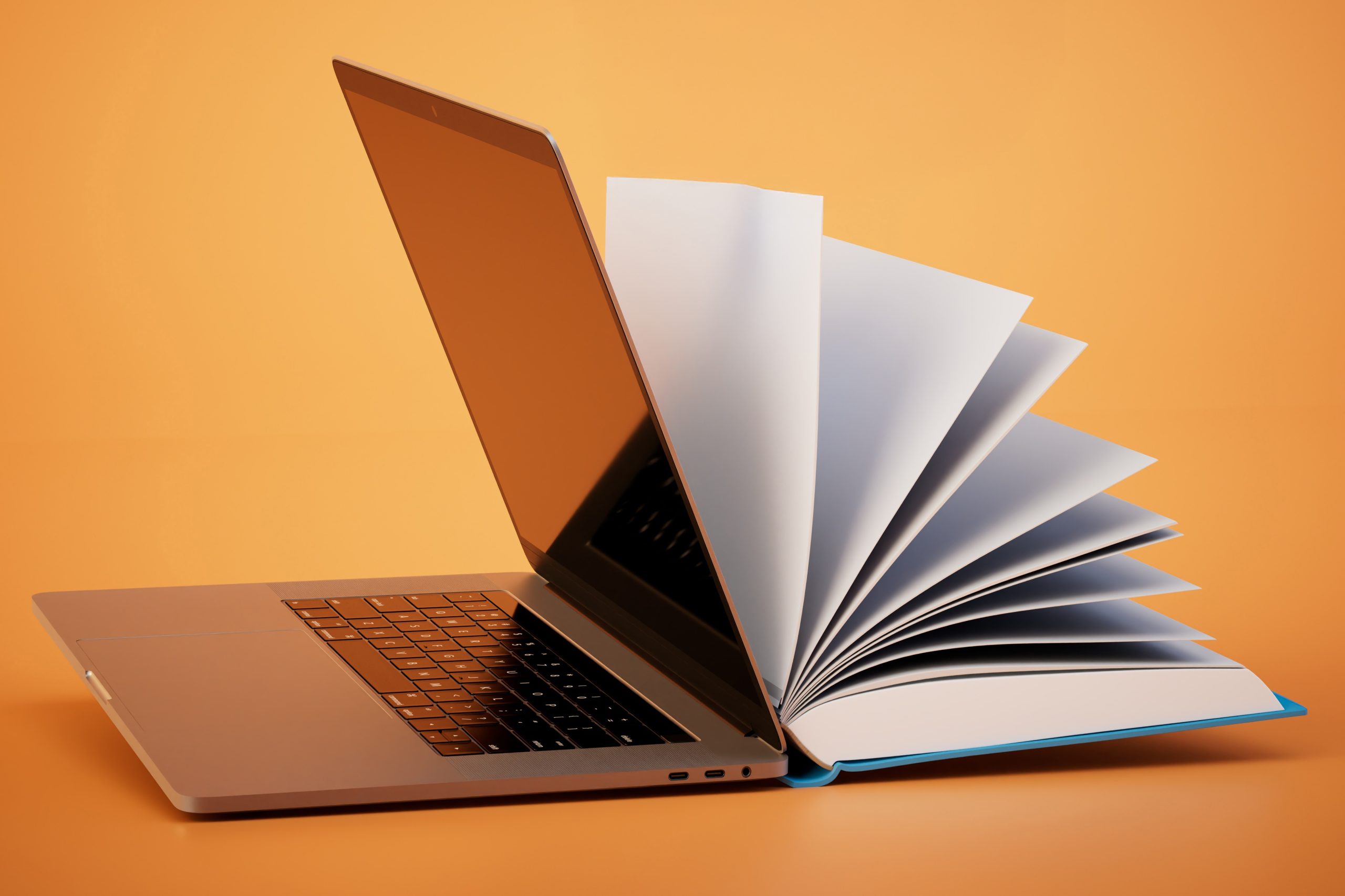 the concept of online learning. open book and laptop with a Wi-Fi icon on an orange background. 3D render.